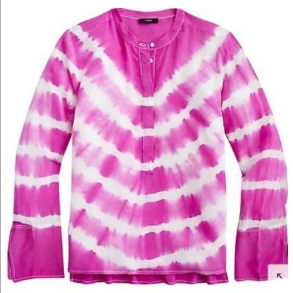 J. Crew Tie-dyed Silk Tunic V-neck Long Sleeve Top Pink & White AJ427 Medium